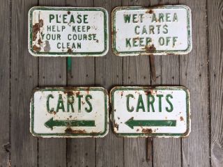 4 Vintage Metal Embossed Golf Course Signs 2 Carts,  Wet Area,  Keep 14”x9”
