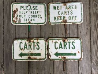 4 Vintage Metal Embossed Golf Course Signs 2 Carts,  Wet Area,  Keep 14”x9” 2