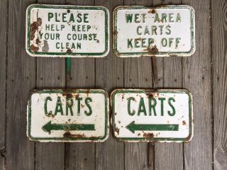 4 Vintage Metal Embossed Golf Course Signs 2 Carts,  Wet Area,  Keep 14”x9” 3