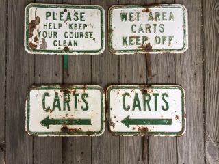 4 Vintage Metal Embossed Golf Course Signs 2 Carts,  Wet Area,  Keep 14”x9” 4