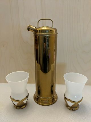 Vintage Farber - Cambridge Brass Cocktail Shaker Set With 2 Brass/milkglass Goblet