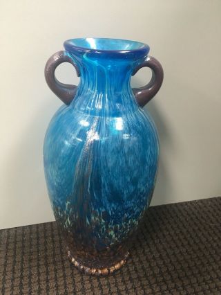Vintage Mid Century Murano Seguso Style Blue & Gold Handled Art Glass Vase 10 "