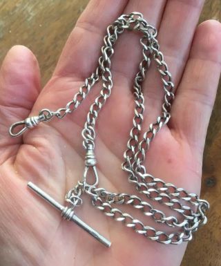 Vintage Solid Sterling Silver Fob Chain With T Bar And Two " Dog Clip " Fastenings