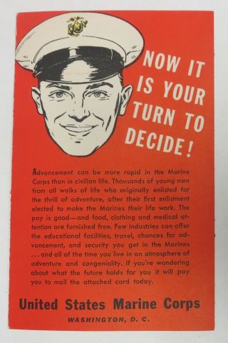 Ww2 Vintage Us Marine Corps Recruiting Card Usmc