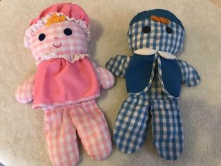 Vintage Fisher Price 1975 Cholly And Lolly Dolls Cloth Rattle Gingham Boy Girl