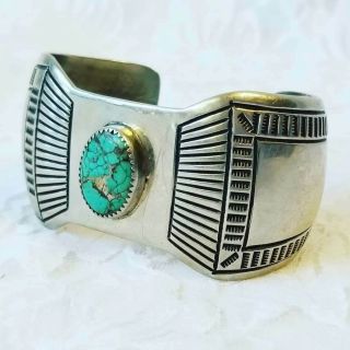 Wow Signed Vintage Navajo Stamped Sterling Silver & Turquoise Cuff Bracelet 54gm
