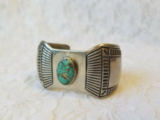 WOW Signed Vintage NAVAJO Stamped Sterling Silver & TURQUOISE Cuff BRACELET 54gm 4
