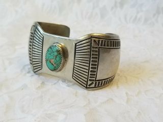 WOW Signed Vintage NAVAJO Stamped Sterling Silver & TURQUOISE Cuff BRACELET 54gm 8