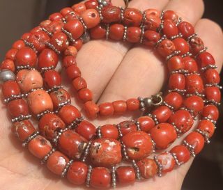 Antique Natural Red Coral Necklace With Silver Spacers Beads 50.  5gr