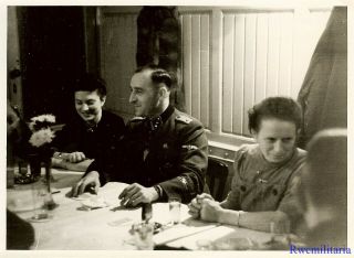 Press Photo: Rare German Elite Waffen Hauptsturmführer W/ Cuff Title At Dinner