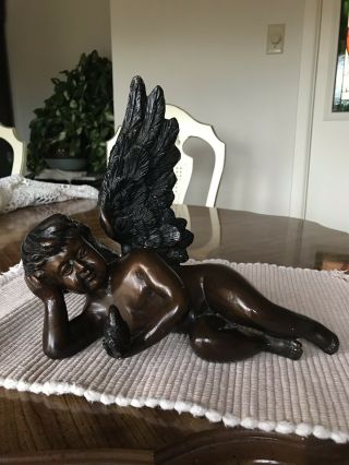 Vintage Heavy Brass Angel - Cherub With A Bird - Statue Large 12x12x 10” - 8.  5 Lbs