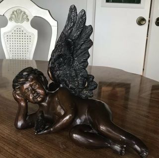 Vintage HEAVY BRASS ANGEL - CHERUB WITH A BIRD - STATUE Large 12x12X 10” - 8.  5 lbs 3