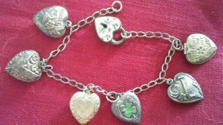 Vintage Sterling Silver 925 Puffy Hearts Charm Bracelet - Some Enamel 1 Gf