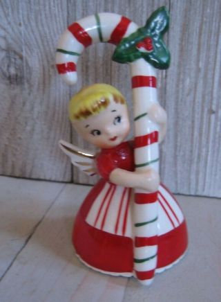 Vtg Christmas Figurine 1956 Napco Angel Girl Candy Cane Bell Japan Blonde Pony