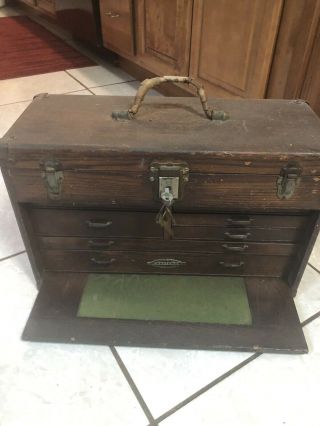 VINTAGE MACHINIST TOOL CHEST BOX WOOD CRAFTSMAN With Key 2