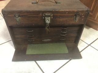 VINTAGE MACHINIST TOOL CHEST BOX WOOD CRAFTSMAN With Key 5