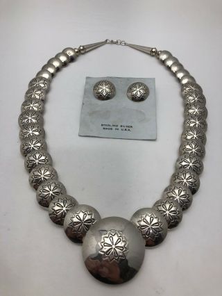 Vintage Handmade Navajo Sterling Silver.  925 Concho 20 " Necklace 3/4 " Earring Set