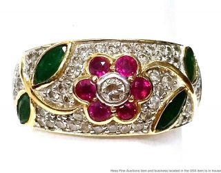 18k Yellow Gold Natural Ruby Emerald Fine Diamond Pave Vintage Floral Ring