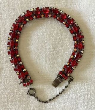 Signed Sherman Vintage Siam Red Crystal Japanned Bracelet