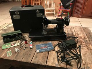 Vintage Singer Featherweight Sewing Machine 221 - 1 Portable W/ Case & Accessories