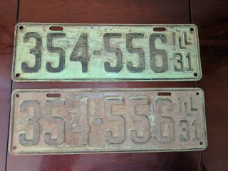 Old Vintage Two 1931 Il Illinois License Plate Matched Matching Pair Plates