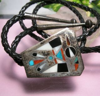 Vintage Mens Bennett C31 Sterling Inlay Turquoise Coral Mop Bolo Tie Zuni Navajo