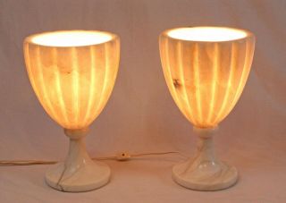 Carved Alabaster Urn Table Lamps Pair Vintage Hollywood Regency Neoclassical