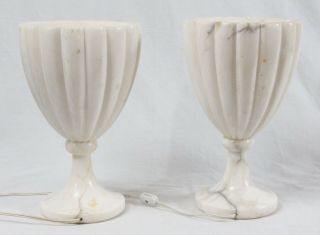 Carved Alabaster Urn Table Lamps Pair Vintage Hollywood Regency Neoclassical 2