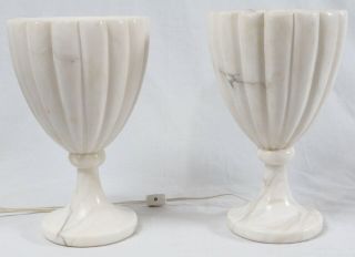Carved Alabaster Urn Table Lamps Pair Vintage Hollywood Regency Neoclassical 3