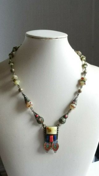 Czech Antique Art Deco Enamel And Glass Bead Necklace Max Neiger Style