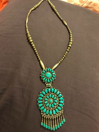 Vintage Zuni Turquoise Pendant Necklace Sterling Silver