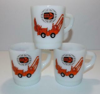3 Vintage Fire King Anchor Hocking Milk Glass Ditch Witch Mugs Cups Advertising