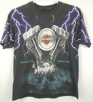 Harley Davidson Men’s L Double Sided Thunder Lightning 90s Vtg All Over Print