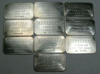 10 Vintage Engelhard.  999,  Fine Silver Bars.  1 Troy Oz.  Each.  4