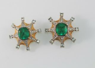 Fabulous Joseph Mazer Jomaz Emerald Green Starburst Rhinestone Earrings Signed