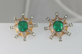 Fabulous Joseph Mazer Jomaz Emerald Green Starburst Rhinestone Earrings Signed 2