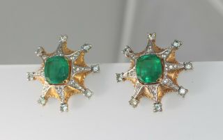 Fabulous Joseph Mazer Jomaz Emerald Green Starburst Rhinestone Earrings Signed 3