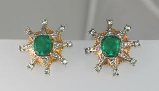 Fabulous Joseph Mazer Jomaz Emerald Green Starburst Rhinestone Earrings Signed 5
