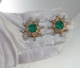 Fabulous Joseph Mazer Jomaz Emerald Green Starburst Rhinestone Earrings Signed 6