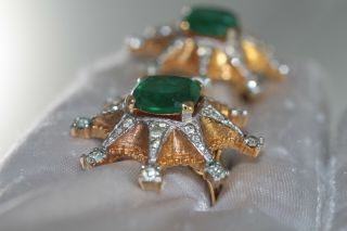 Fabulous Joseph Mazer Jomaz Emerald Green Starburst Rhinestone Earrings Signed 7