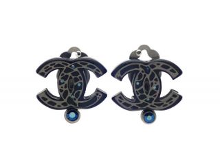 Authentic Vintage Chanel Earrings Ripple Black Cc Logo Rhinestones Ea2018
