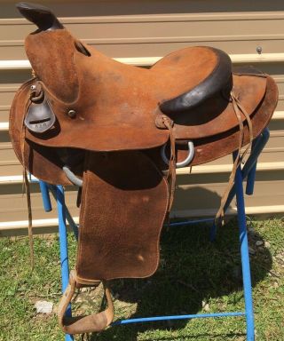Used/vintage 14.  5 " Little Wonder Roughout Leather Western Saddle Us Made