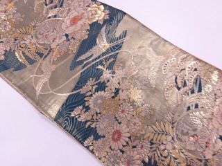 4177014: Japanese Kimono / Vintage Fukuro Obi / Woven Floral Plants & Wave With