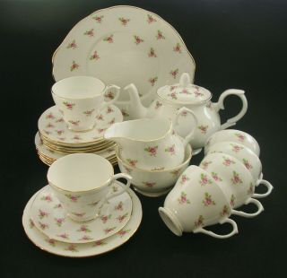 Duchess Vintage English China Rose Bud Tea Set 6 Trios Cake Plate Teapot C1970s