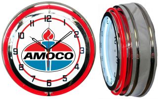 Amoco Oil Gas Vintage Logo 19 " Double Neon Clock Red Neon Chrome Finish