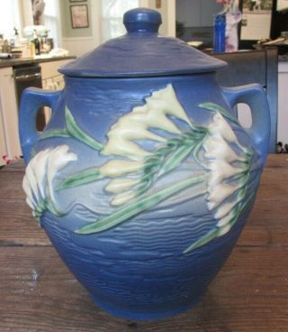 Rare Roseville Pottery Blue Cookie Jar W/ Freesia Flower 3