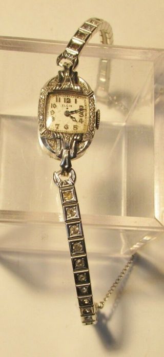 Vintage 14k White Gold Ladies Elgin Watch With 42 Diamonds -