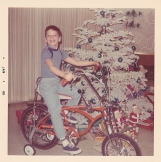 J20 Vintage Photo Snapshot 3.  5 1969 Boy On Schwinn Stingray Krate Christmas