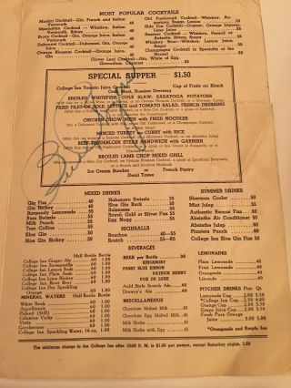 Menu Vintage Sherman Hotel College Inn Signed by Buddy Rogers Autographed 8