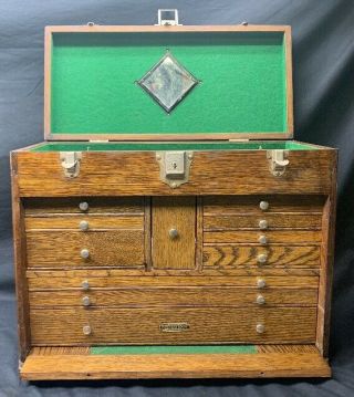 Vintage 11 Drawer Gerstner Machinist Wood Tool Box Oak 20x16x9.  5” W/keys